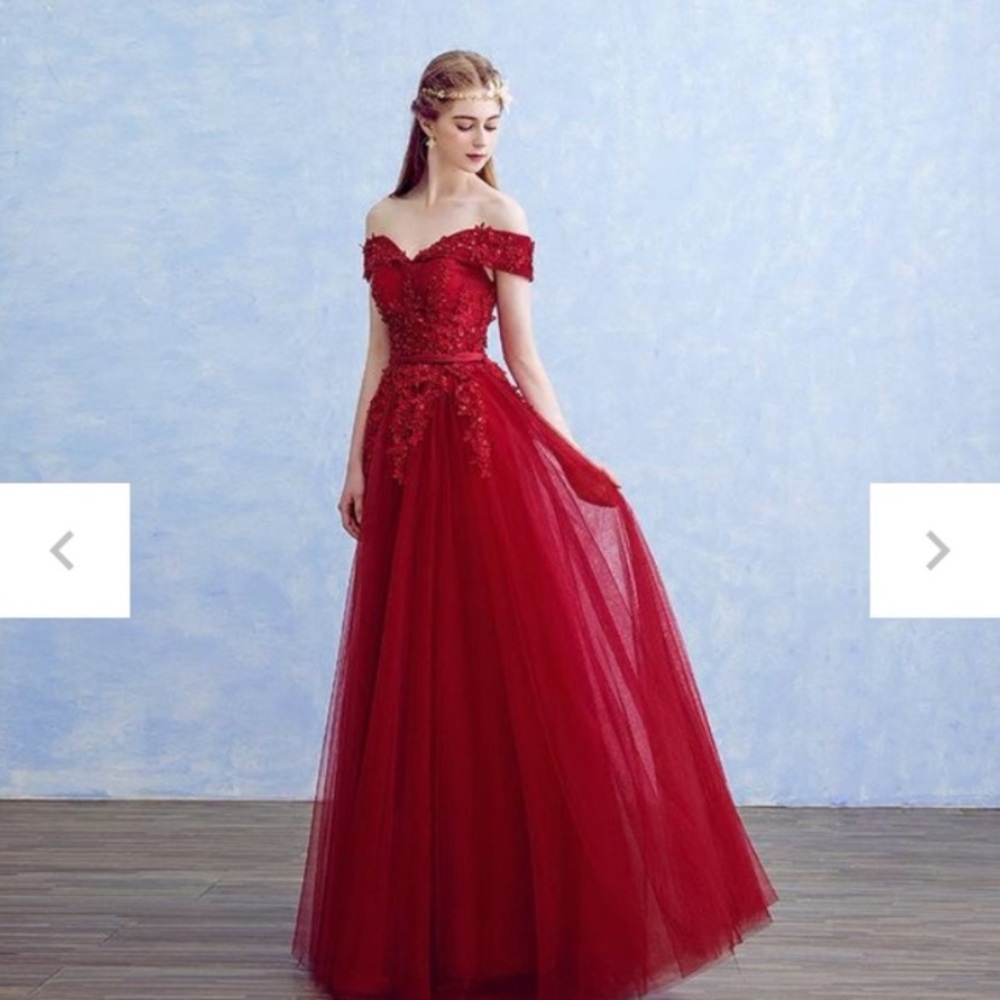 Red Embellished Tulle Off the Shoulder Prom Dress